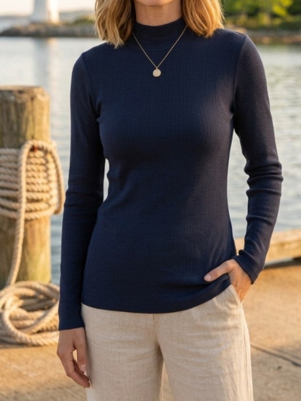 MERSEA Navy Blue Ribbed Mock Neck Top Pullover XL Nautical